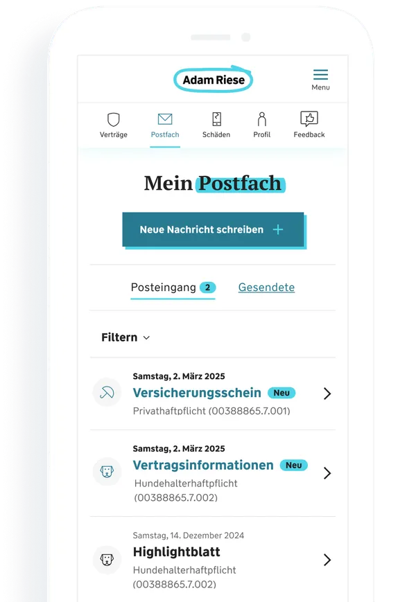 Screenshot aus dem Adam Riese Kundenportal zum Postfach