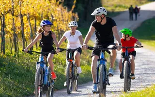 Eine Familie mit Mutter, Vater und zwei Kindern fährt in kurzen Outfits Fahrrad bzw. E-Bike auf einem gewundenen Kiesweg an Weinhügeln vorbei