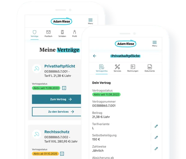 Screenshot der Verträge aus dem Adam Riese Kundenportal