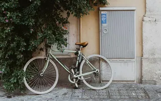 Ein Fahrrad lehnt an einer Hauswand neben einem blühenden Strauch, der an der Wand emporwächst.