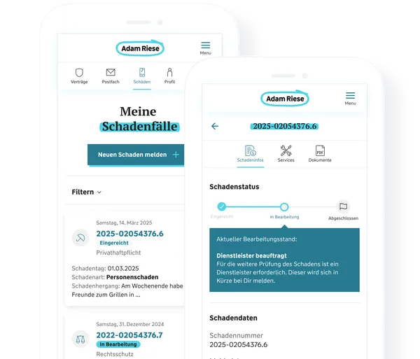 Screenshot aus dem Adam Riese Kundenportal zu Schadenfällen