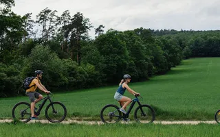 Eine Familie mit Mutter, Vater und Kind fährt in kurzen Outfits E-Bike, im Hintergrund sieht man ein sommerlich grünes Feld und Waldrand.