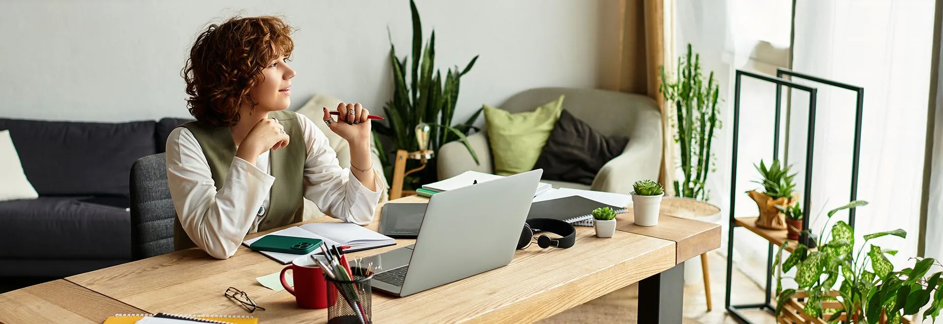 Frau im Homeoffice, die am Schreibtisch vor ihrem Laptop sitzt und Richtung Fenster schaut. 