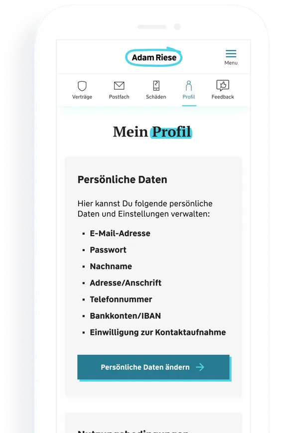 Screenshot aus dem Adam Riese Kundenportal zum Profil