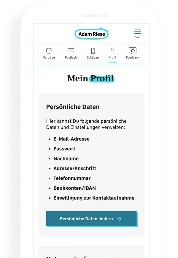 Screenshot aus dem Adam Riese Kundenportal zum Profil