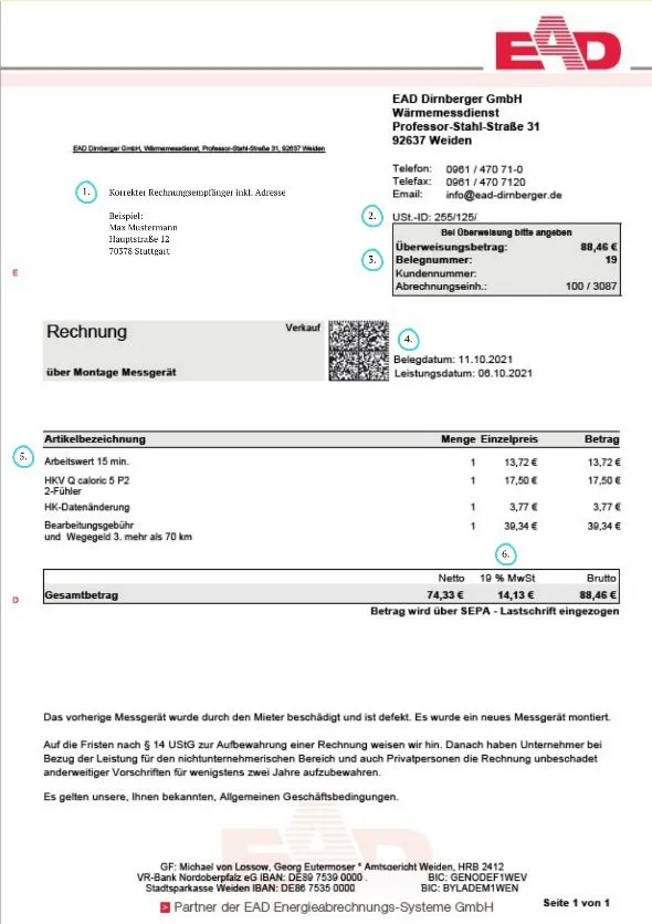 Ein Beispiel für eine vollständig lesbare Rechnung, auf der alle Punkte von 1 bis 6 erkennbar sind