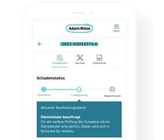 Eine Vorschau, wie der Schadenstatus im Kundenportal auf einem Smartphone aussieht. Der Status des Schadenfalls lautet 'In Bearbeitung'.
