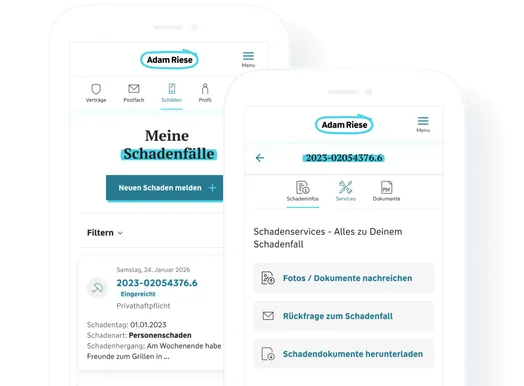 Eine Vorschau, wie das Menü 'Meine Schadenfälle' im Kundenportal auf einem Smartphone aussieht