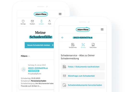 Eine Vorschau, wie das Menü 'Meine Schadenfälle' im Kundenportal auf einem Smartphone aussieht